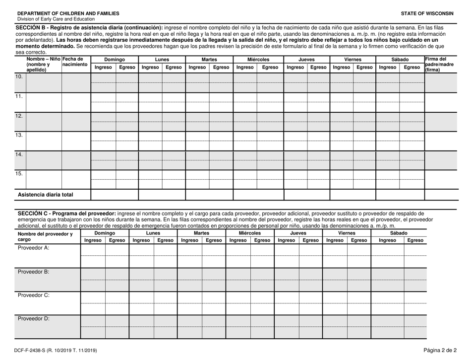 Formulario DCF-F-2438-S Registro De Asistencia Diaria: Centros De Cuidado Infantil Con Licencia - Wisconsin (Spanish), Page 2