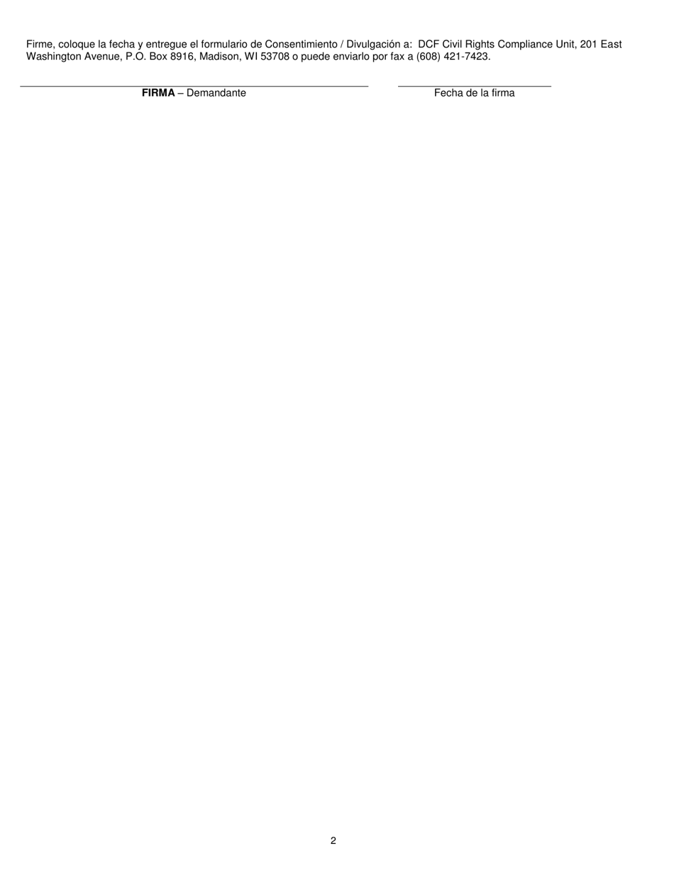 Formulario DCF-F-2556-E-S Consentimiento / Divulgacion De La Demanda - Wisconsin (Spanish), Page 2