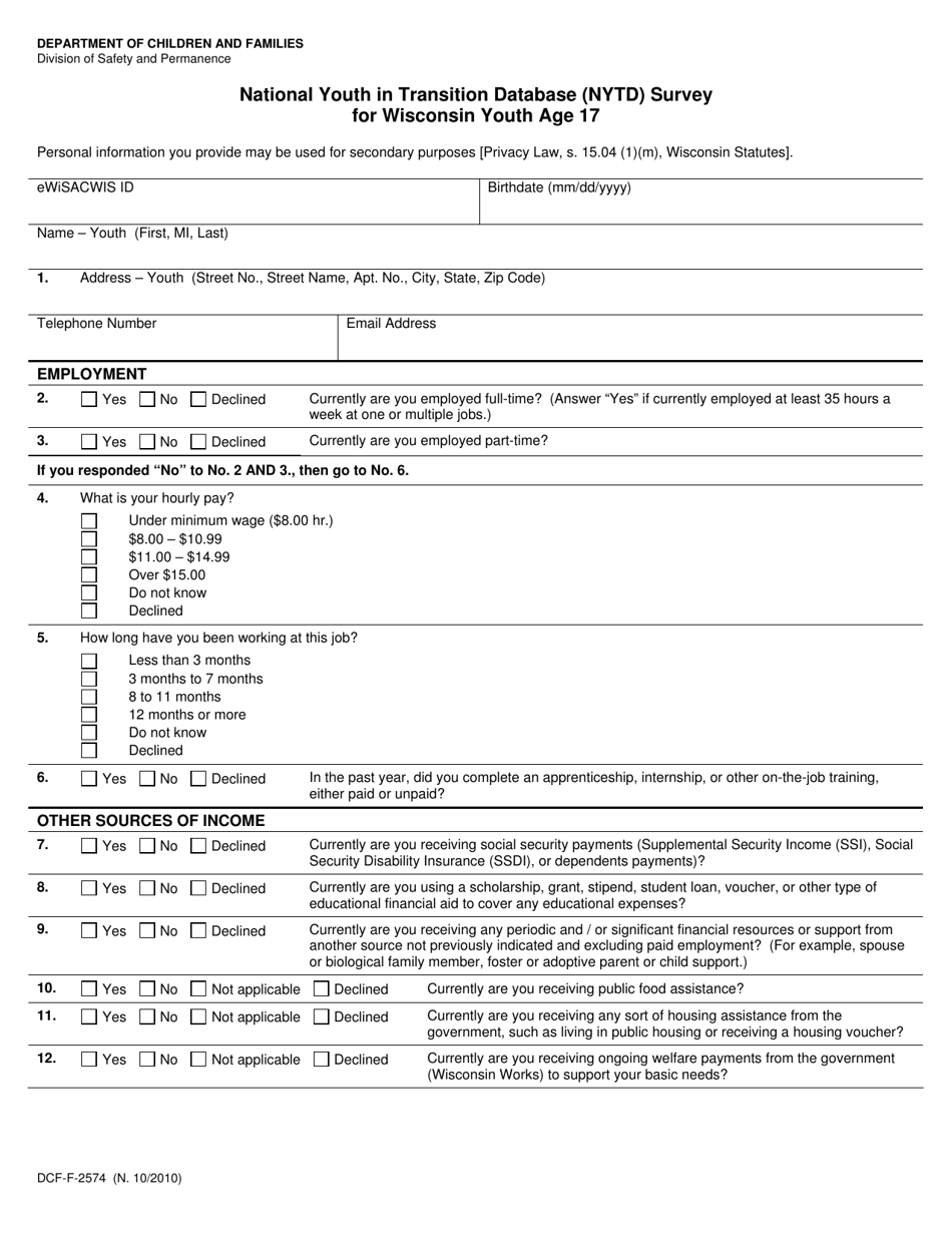 Form DCF-F-2574 National Youth in Transition Database (Nytd) Survey for Wisconsin Youth Age 17 - Wisconsin, Page 1