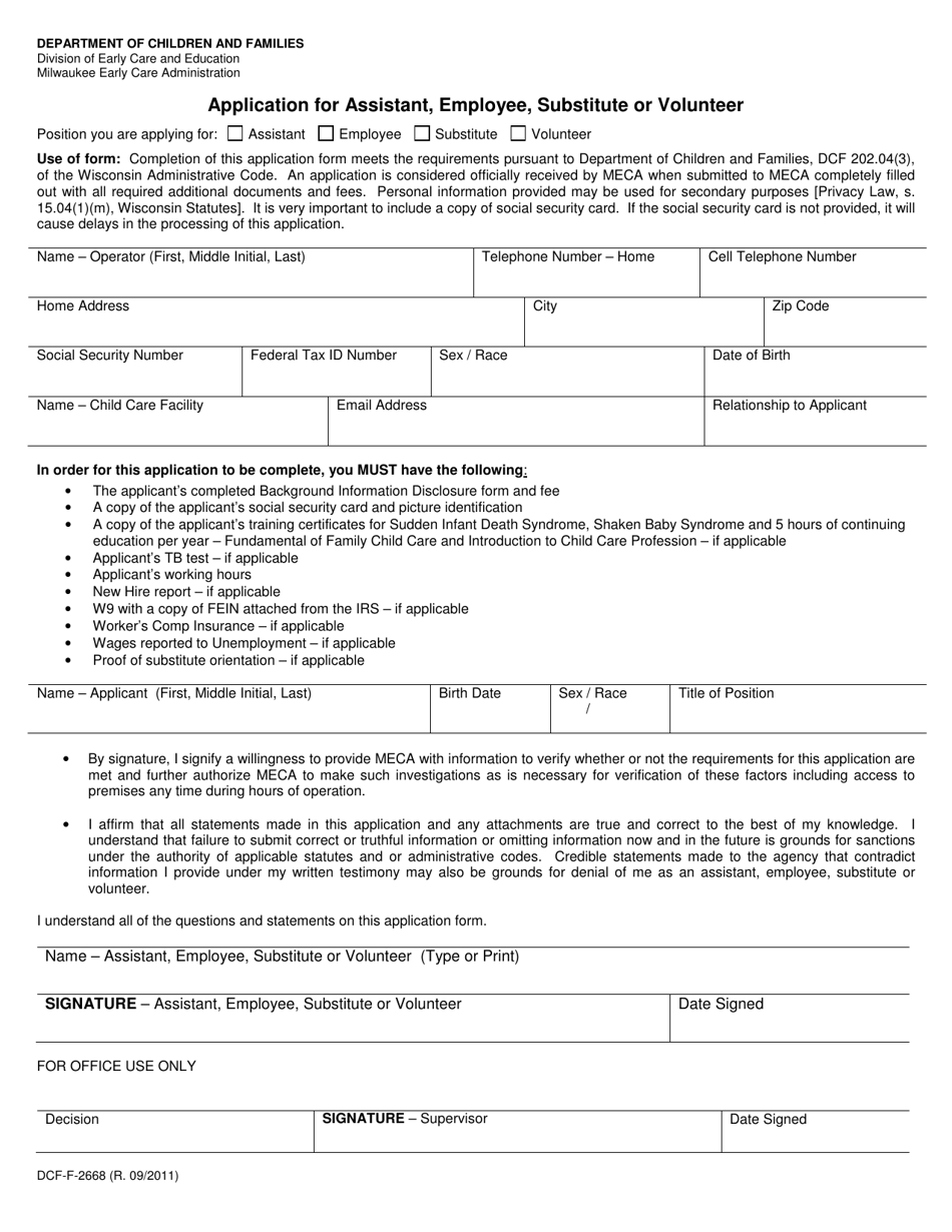 Form DCF-F-2668 Application for Assistant, Employee, Substitute or Volunteer - Wisconsin, Page 1