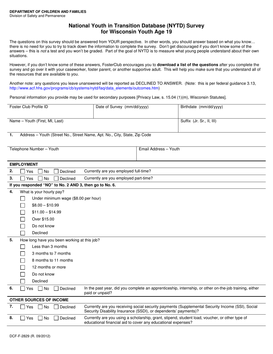 Form DCF-F-2829 National Youth in Transition Database (Nytd) Survey for Wisconsin Youth Age 19 - Wisconsin, Page 1