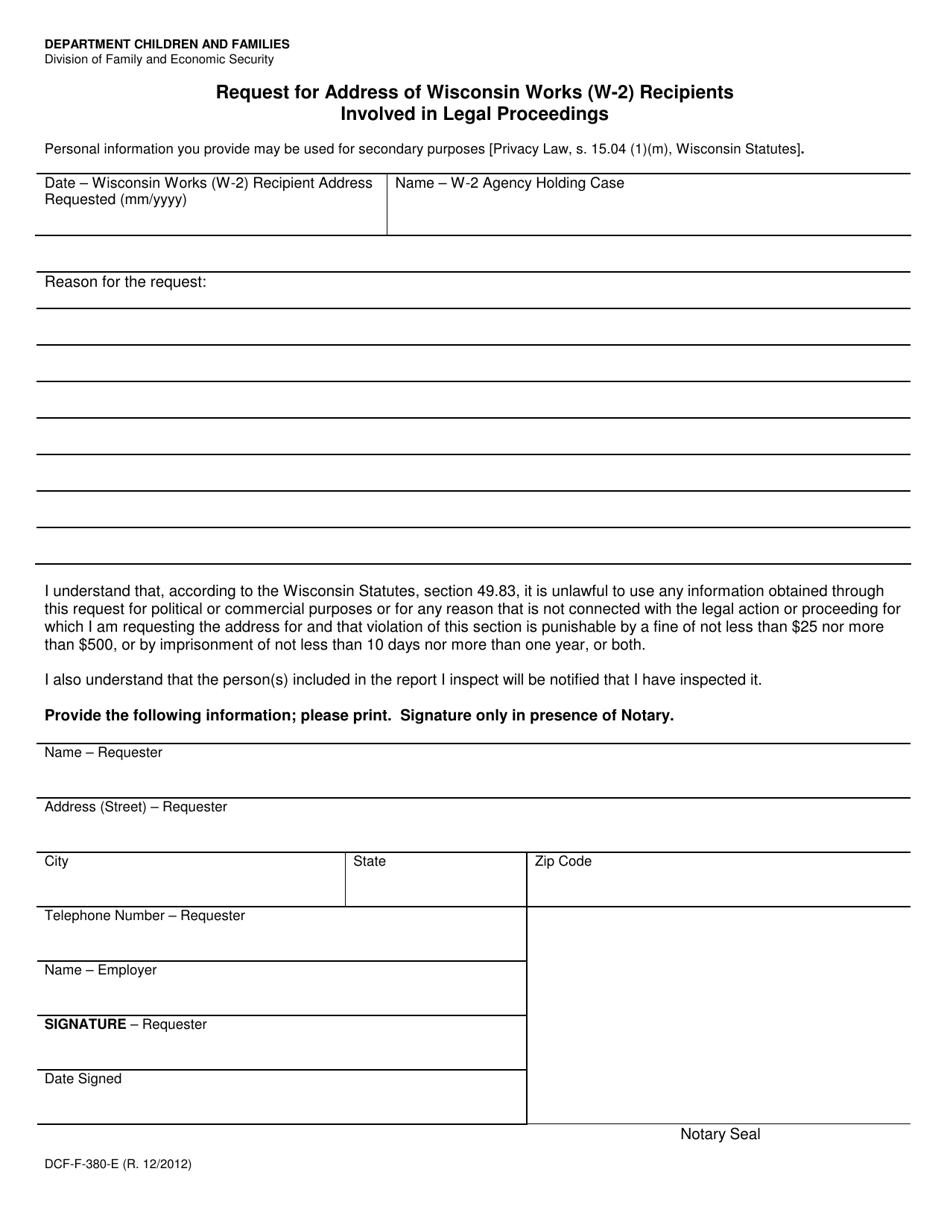 Form DCF-F-380-E Request for Address of Wisconsin Works (W-2) Recipients Involved in Legal Proceedings - Wisconsin, Page 1