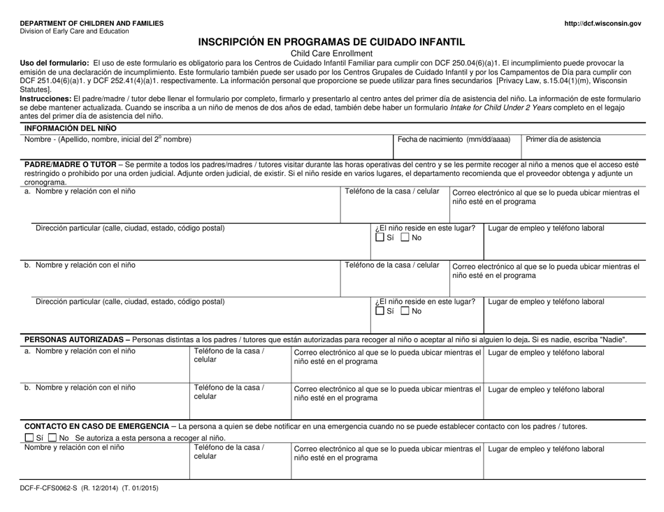 Formulario DCF-F-CFS0062-S Inscripcion En Programas De Cuidado Infantil - Wisconsin (Spanish), Page 1