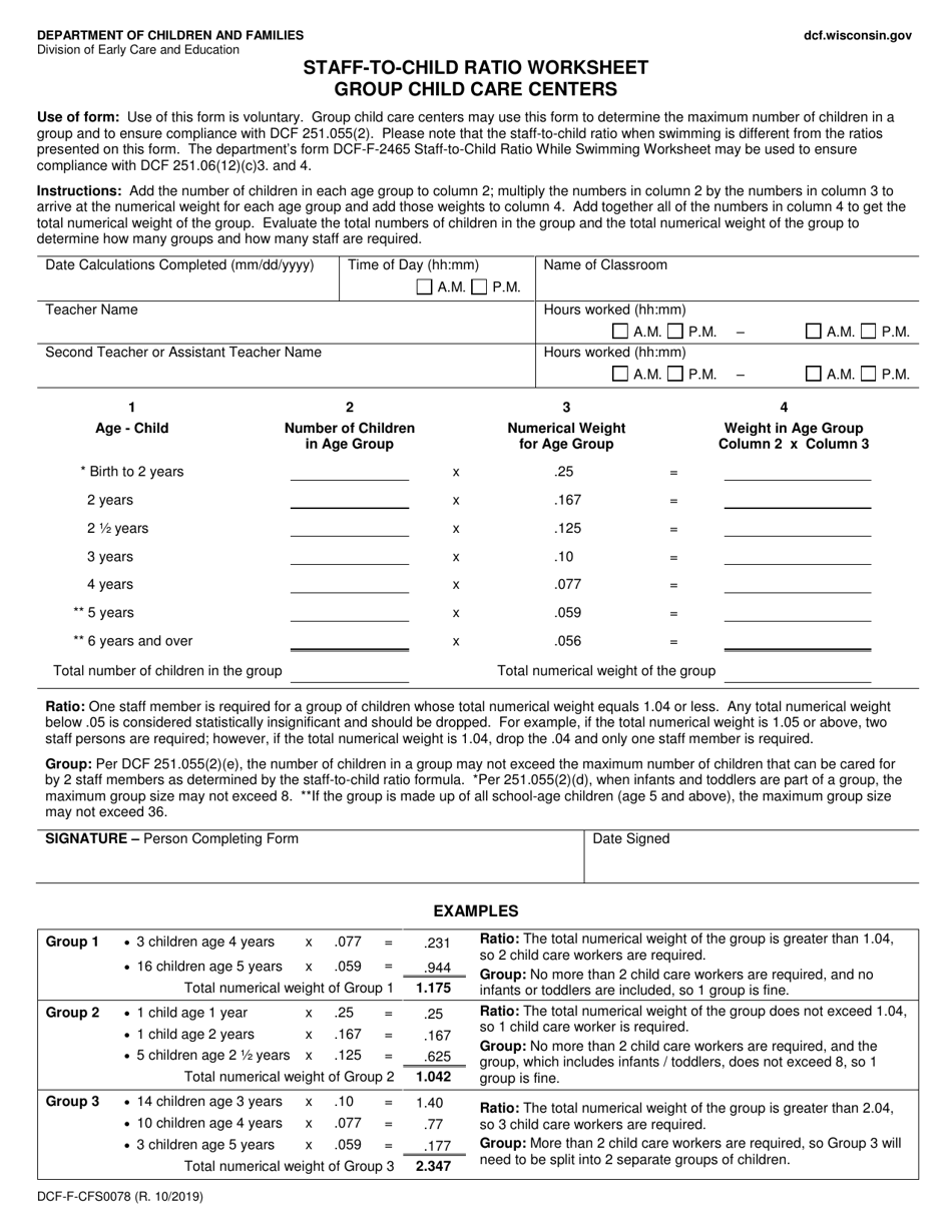 Form DCF-F-CFS0078 Staff-To-Child Ratio Worksheet - Group Child Care Centers - Wisconsin, Page 1