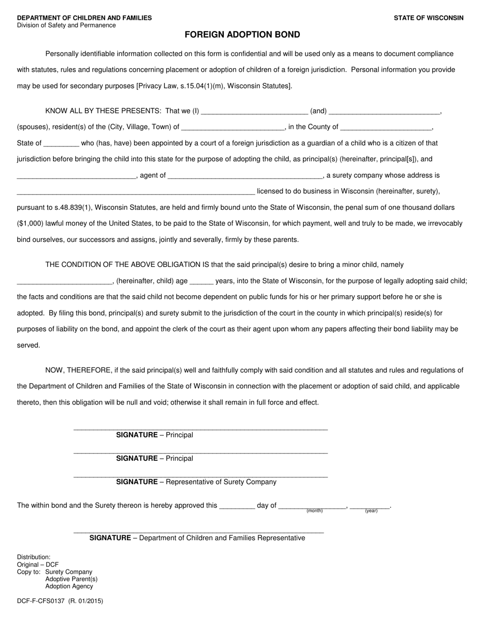 Form DCF-F-CFS0137 Foreign Adoption Bond - Wisconsin, Page 1