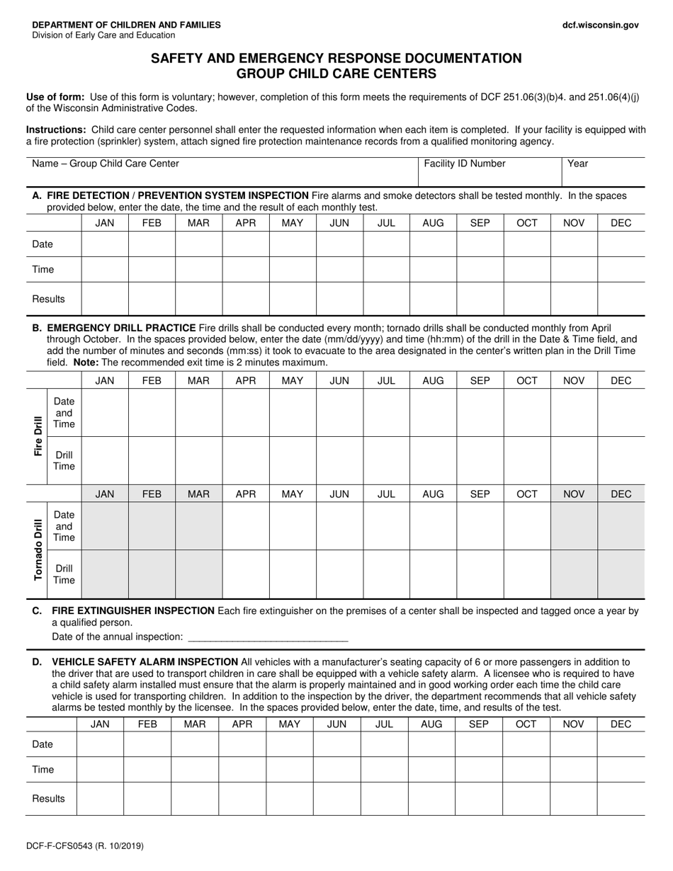Form DCF-F-CFS0543 Safety and Emergency Response Documentation - Group Child Care Centers - Wisconsin, Page 1