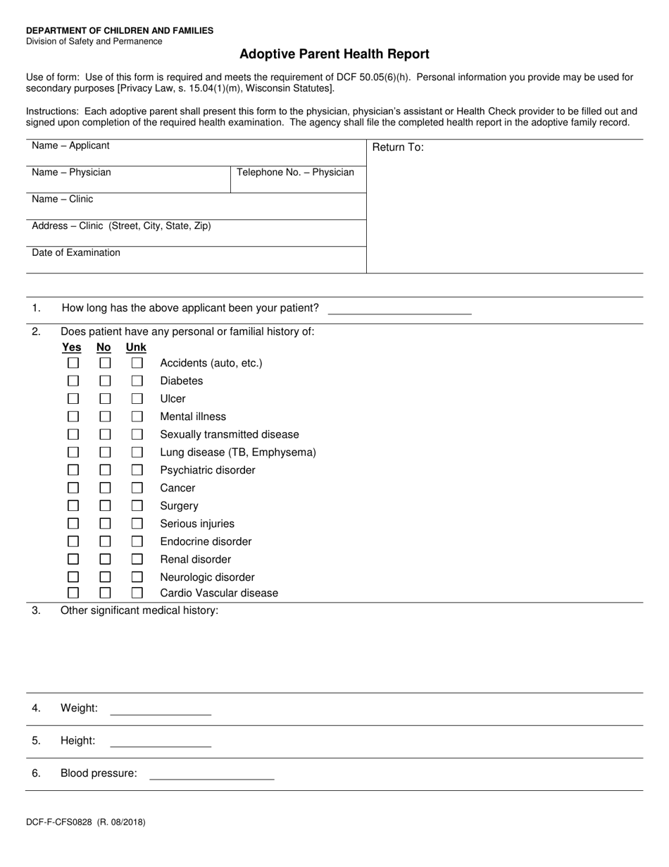 Form DCF-F-CFS0828 Adoptive Parent Health Report - Wisconsin, Page 1