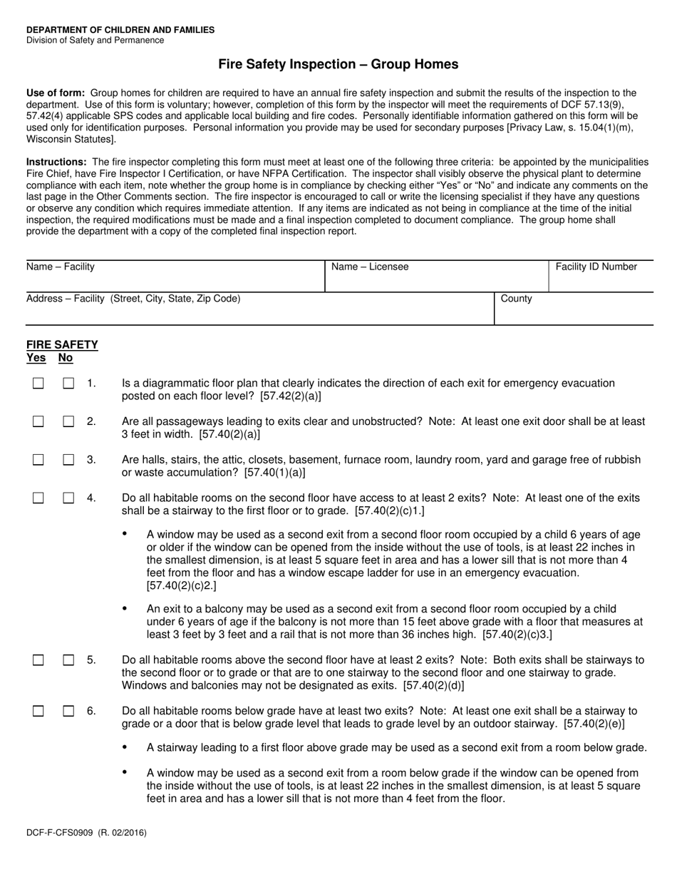 Form DCF-F-CFS0909 Fire Safety Inspection - Group Homes - Wisconsin, Page 1