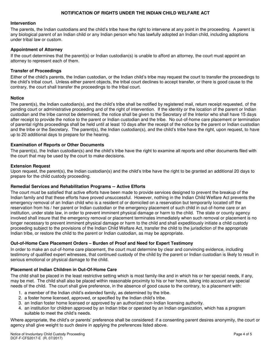 Form DCF-F-CFS2017-E Notice of Involuntary Child Custody Proceeding Involving an Indian Child - Wisconsin, Page 4