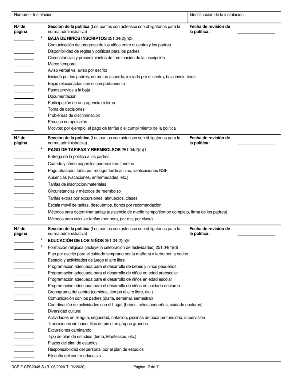 Formulario DCF-F-CFS2048-S Lista De Verificacion De La Politica: Centros Grupales De Cuidado Infantil - Wisconsin (Spanish), Page 2