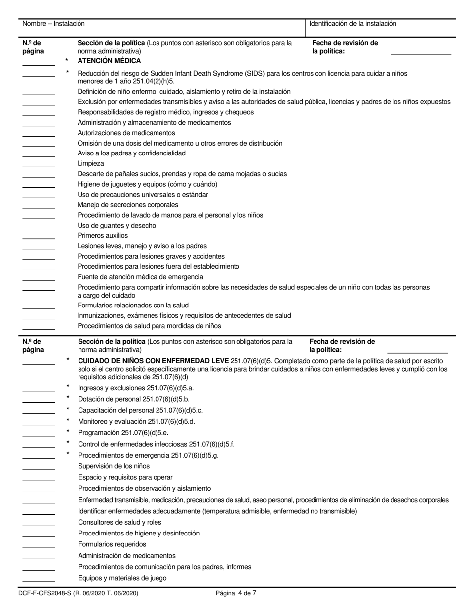 Formulario DCF-F-CFS2048-S Lista De Verificacion De La Politica: Centros Grupales De Cuidado Infantil - Wisconsin (Spanish), Page 4