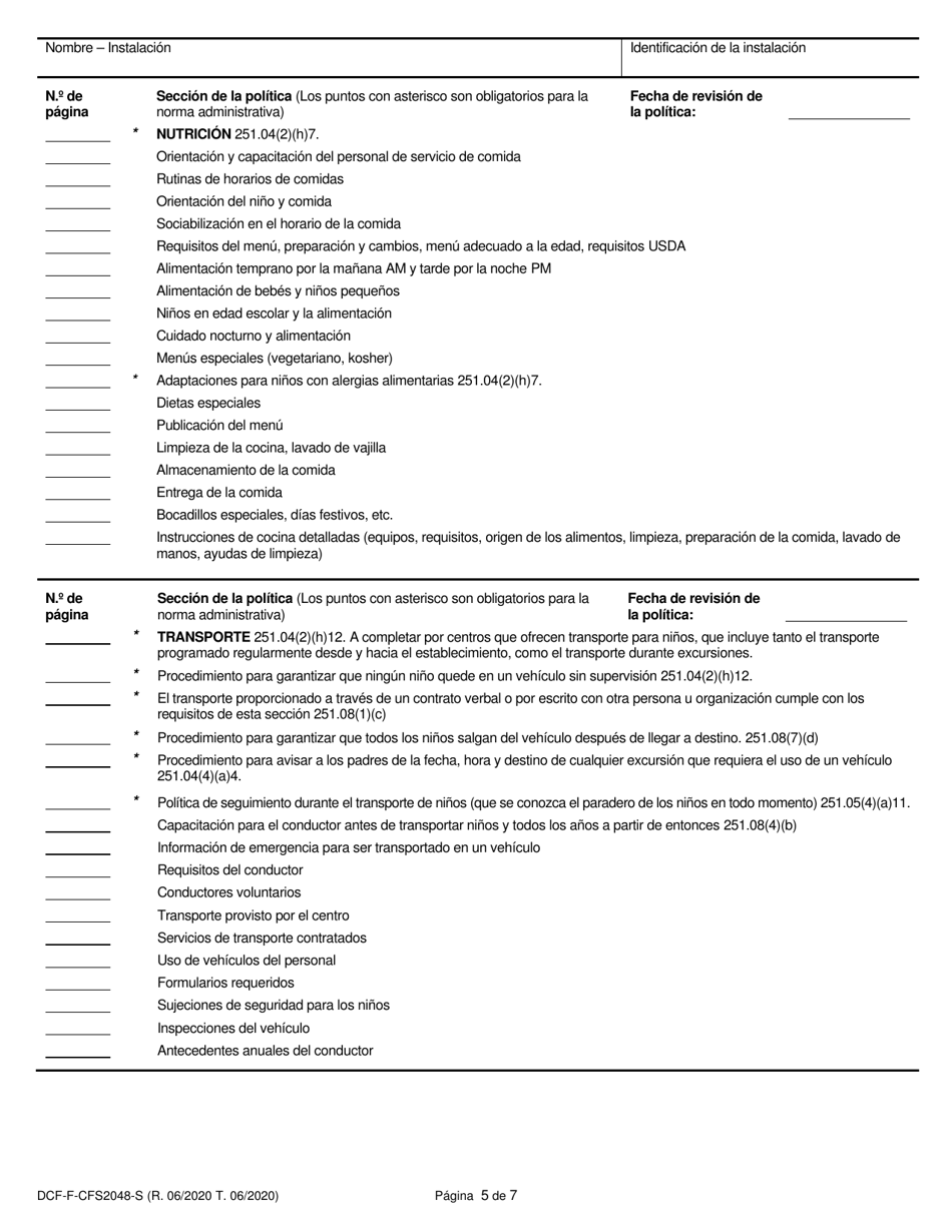 Formulario DCF-F-CFS2048-S Lista De Verificacion De La Politica: Centros Grupales De Cuidado Infantil - Wisconsin (Spanish), Page 5