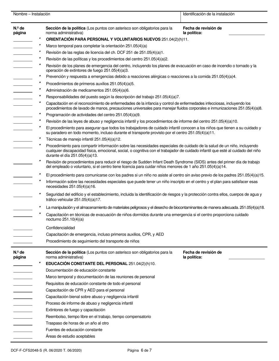 Formulario DCF-F-CFS2048-S Lista De Verificacion De La Politica: Centros Grupales De Cuidado Infantil - Wisconsin (Spanish), Page 6