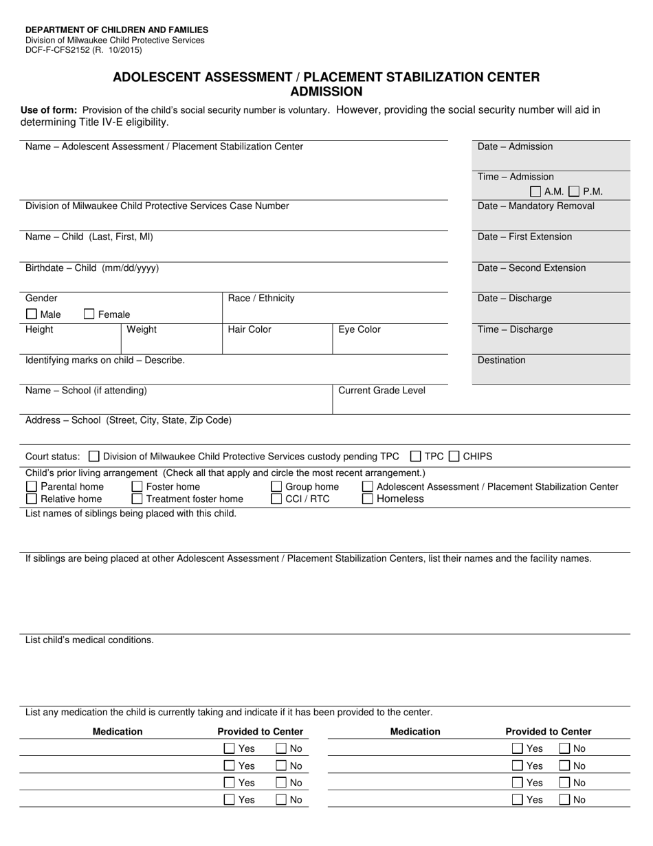 Form DCF-F-CFS2152 Adolescent Assessment / Placement Stabilization Center Admission - Wisconsin, Page 1