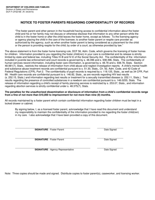 Form DCF-F-CFS2186 Notice to Foster Parents Regarding Confidentiality of Records - Wisconsin