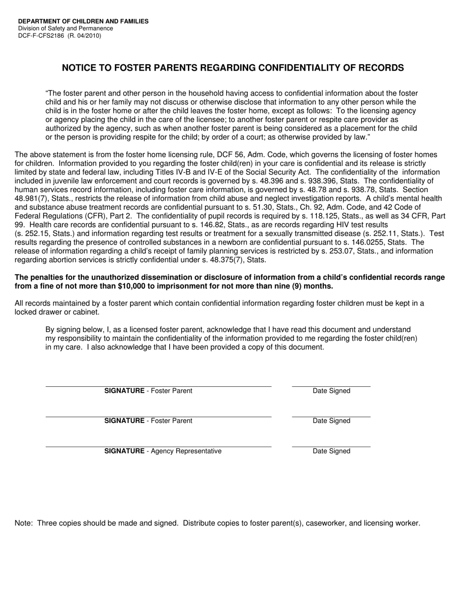Form DCF-F-CFS2186 Notice to Foster Parents Regarding Confidentiality of Records - Wisconsin, Page 1