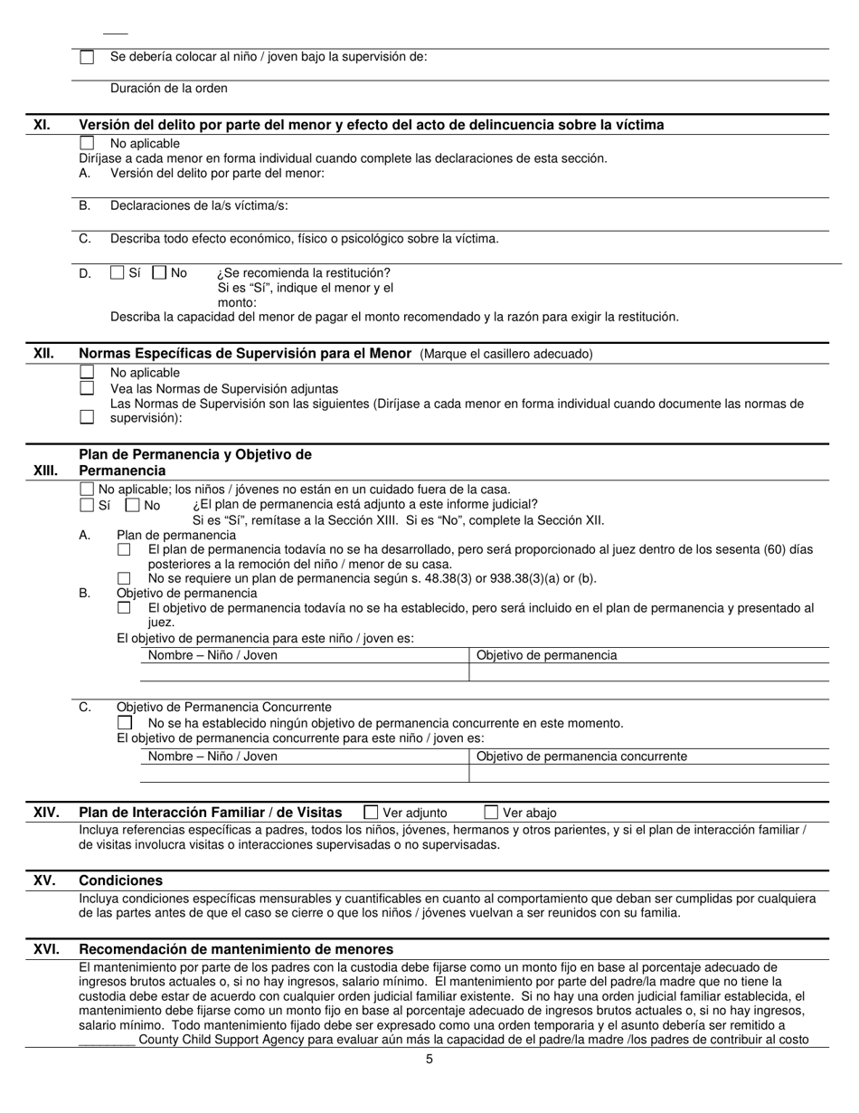 Formulario DCF-F-CFS2118-E-S Informe De Disposicion Original Al Juez - Wisconsin (Spanish), Page 5