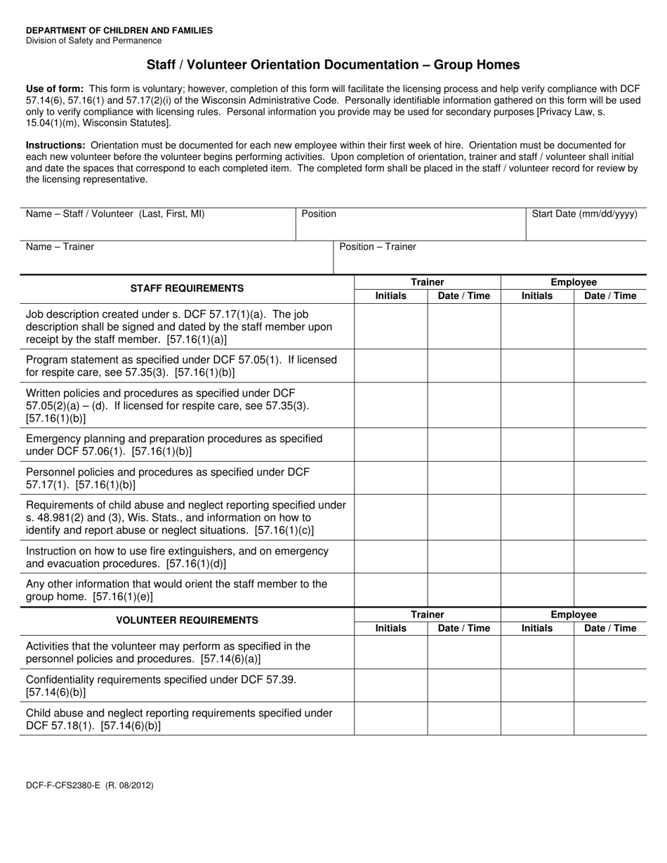 Form DCF-F-CFS2380-E Staff / Volunteer Orientation Documentation - Group Homes - Wisconsin, Page 1