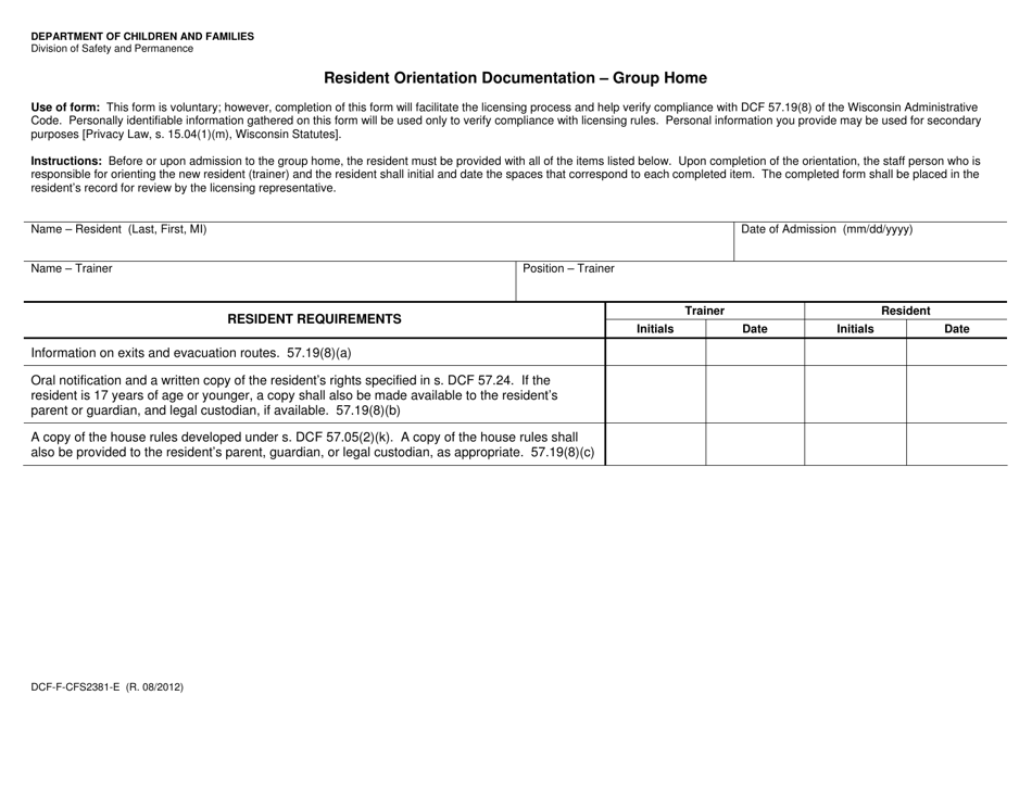 Form DCF-F-CFS2381-E Resident Orientation Documentation - Group Home - Wisconsin, Page 1
