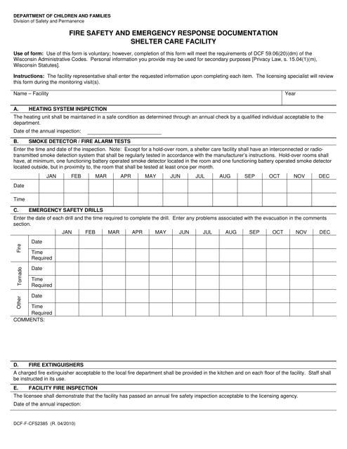 Form DCF-F-CFS2385 Fire Safety and Emergency Response Documentation Shelter Care Facility - Wisconsin
