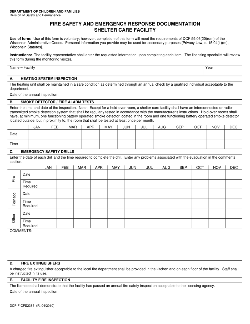 Form DCF-F-CFS2385 Fire Safety and Emergency Response Documentation Shelter Care Facility - Wisconsin, Page 1