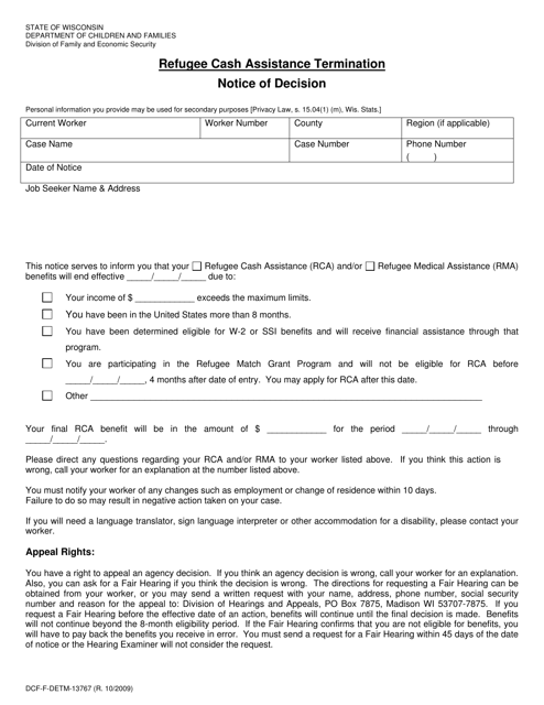Form DCF-F-DETM13767 Refugee Cash Assistance Termination - Notice of Decision - Wisconsin