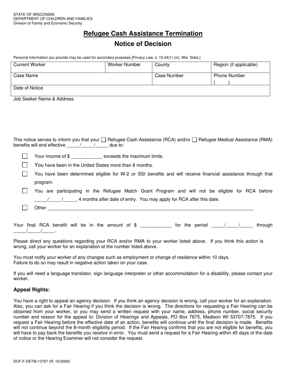 Form DCF-F-DETM13767 Refugee Cash Assistance Termination - Notice of Decision - Wisconsin, Page 1