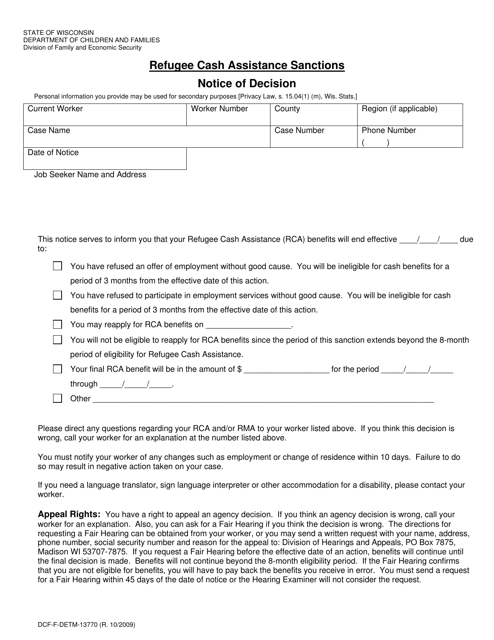 Form DCF-F-DETM13770 Refugee Cash Assistance Sanctions - Notice of Decision - Wisconsin