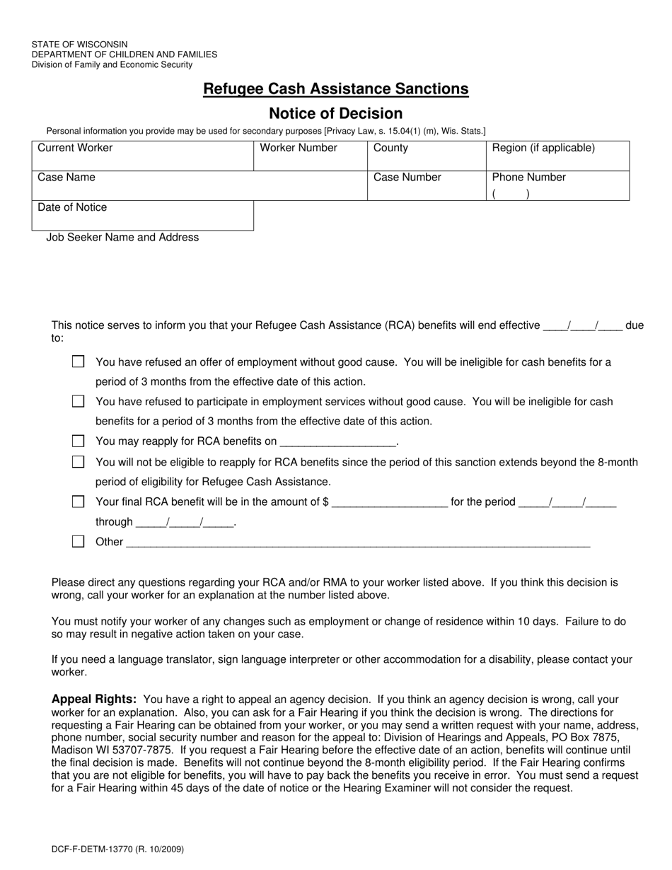 Form DCF-F-DETM13770 Refugee Cash Assistance Sanctions - Notice of Decision - Wisconsin, Page 1