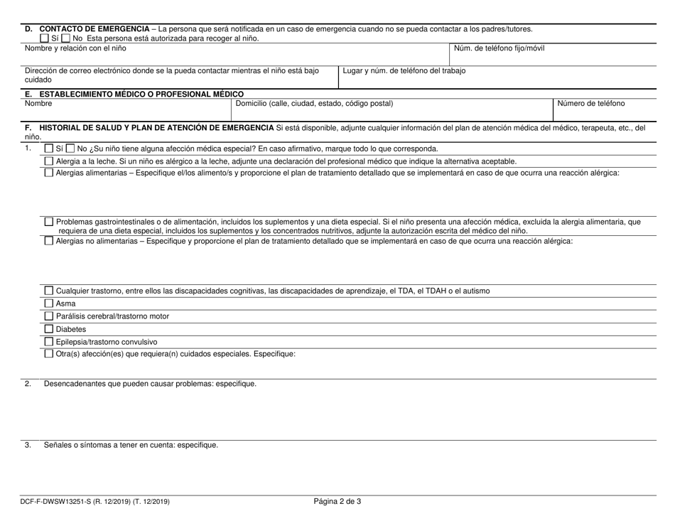 Formulario DCF-F-DWSW13251-S Historial De Salud E Inscripcion Del Nino - Cuidado Infantil Certificado - Wisconsin (Spanish), Page 2