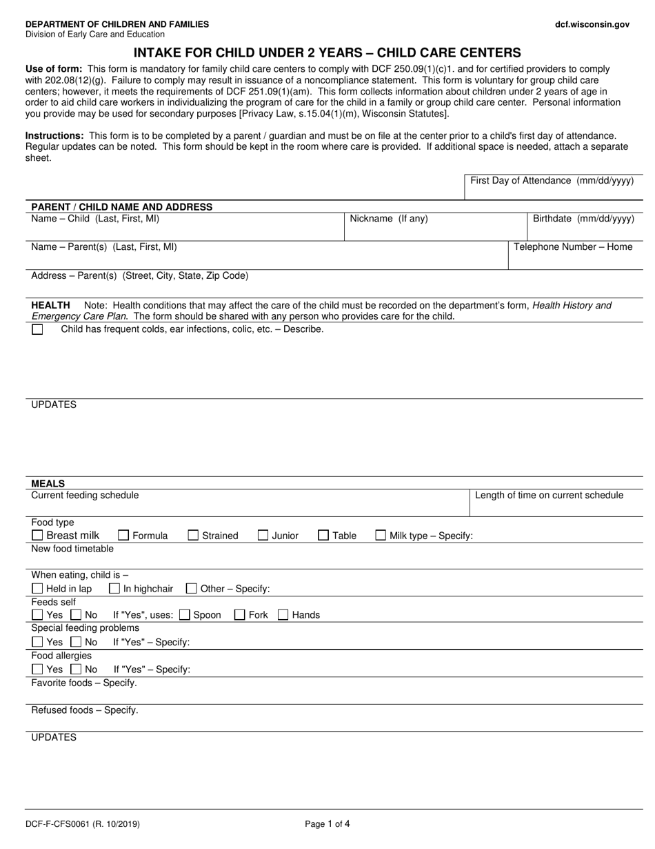 Form DCF-F-CFS0061 Intake for Child Under 2 Years - Child Care Centers - Wisconsin, Page 1