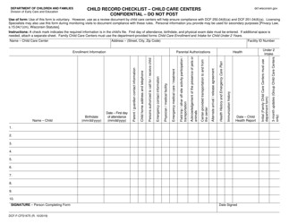 Document preview: Form DCF-F-CFS1675 Child Record Checklist - Child Care Centers - Wisconsin