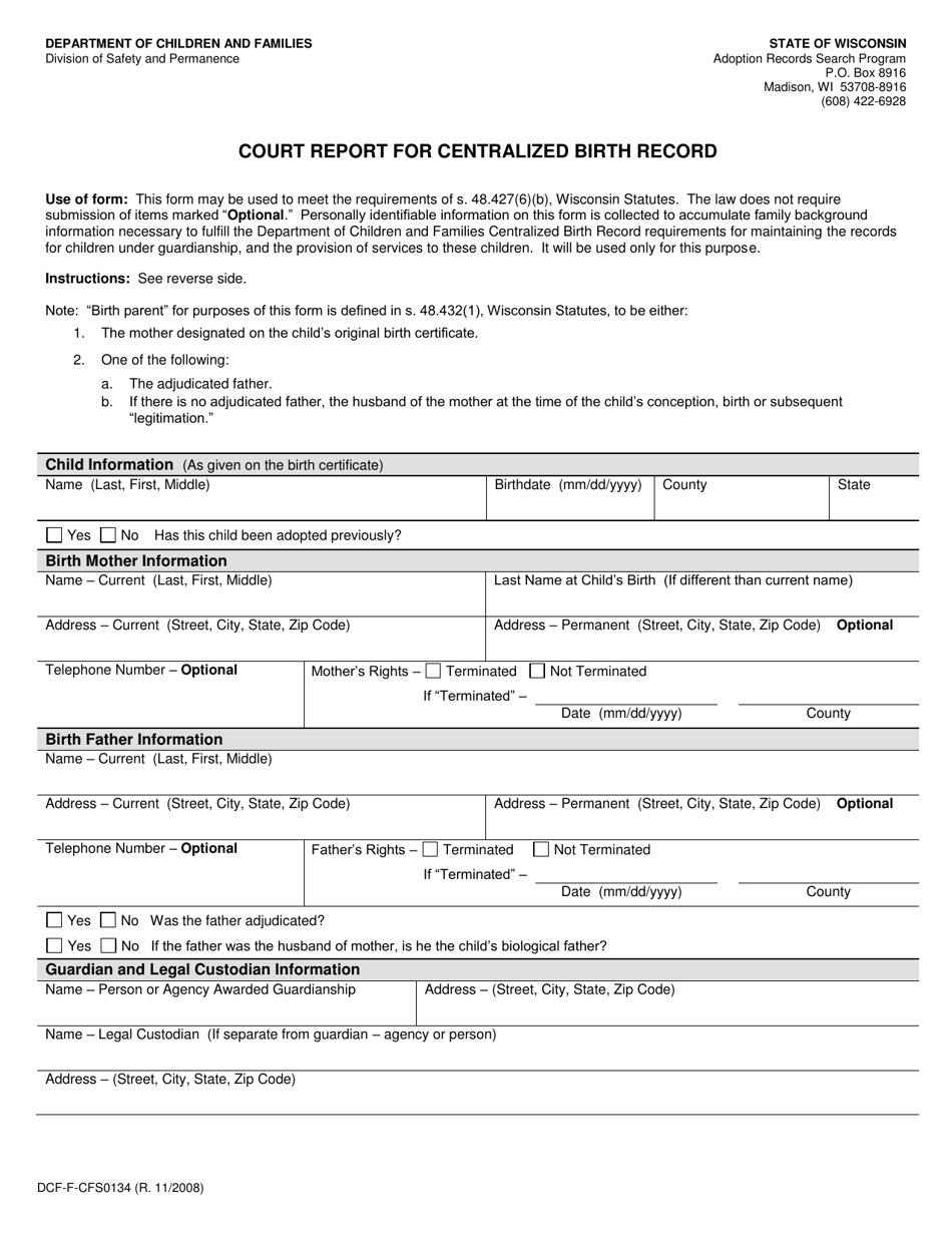 Form DCF-F-CFS0134 Court Report for Centralized Birth Record - Wisconsin, Page 1