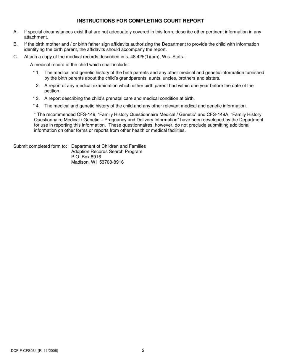 Form DCF-F-CFS0134 Court Report for Centralized Birth Record - Wisconsin, Page 2