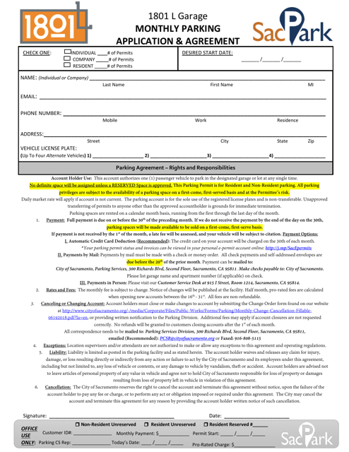 1801 L Garage Monthly Parking Application & Agreement - City of Sacramento, California Download Pdf