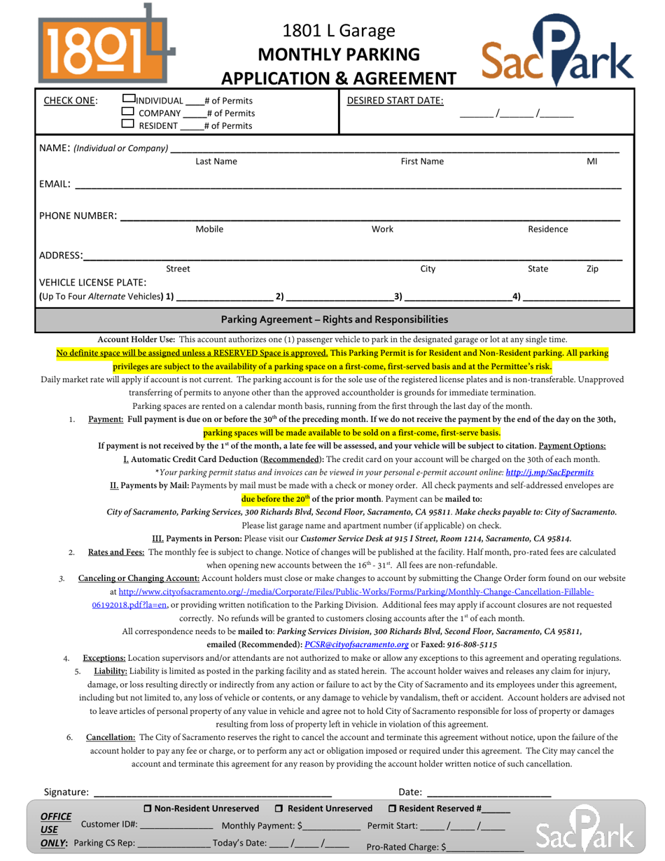 1801 L Garage Monthly Parking Application  Agreement - City of Sacramento, California, Page 1