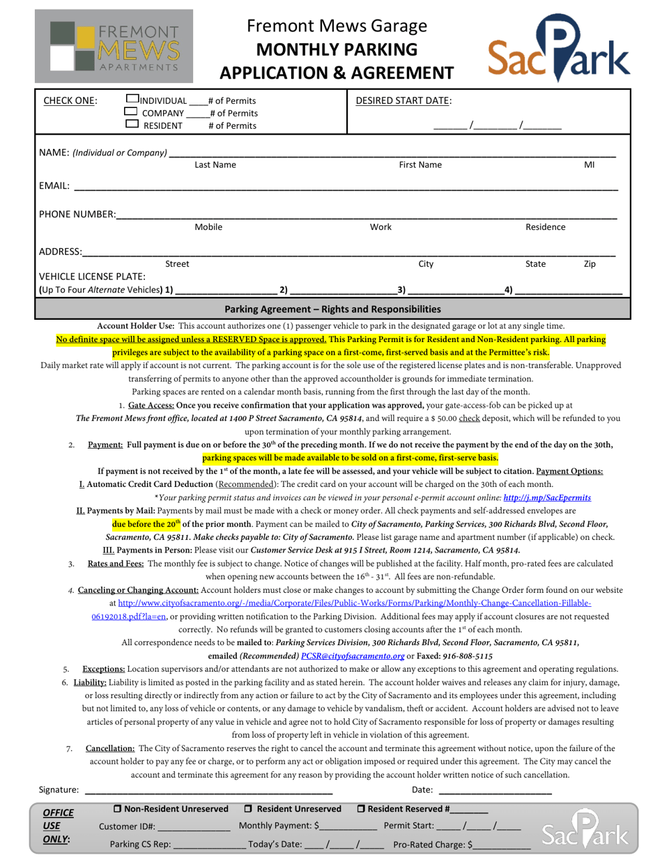 City of Sacramento, California Fremont Mews Garage Monthly Parking
