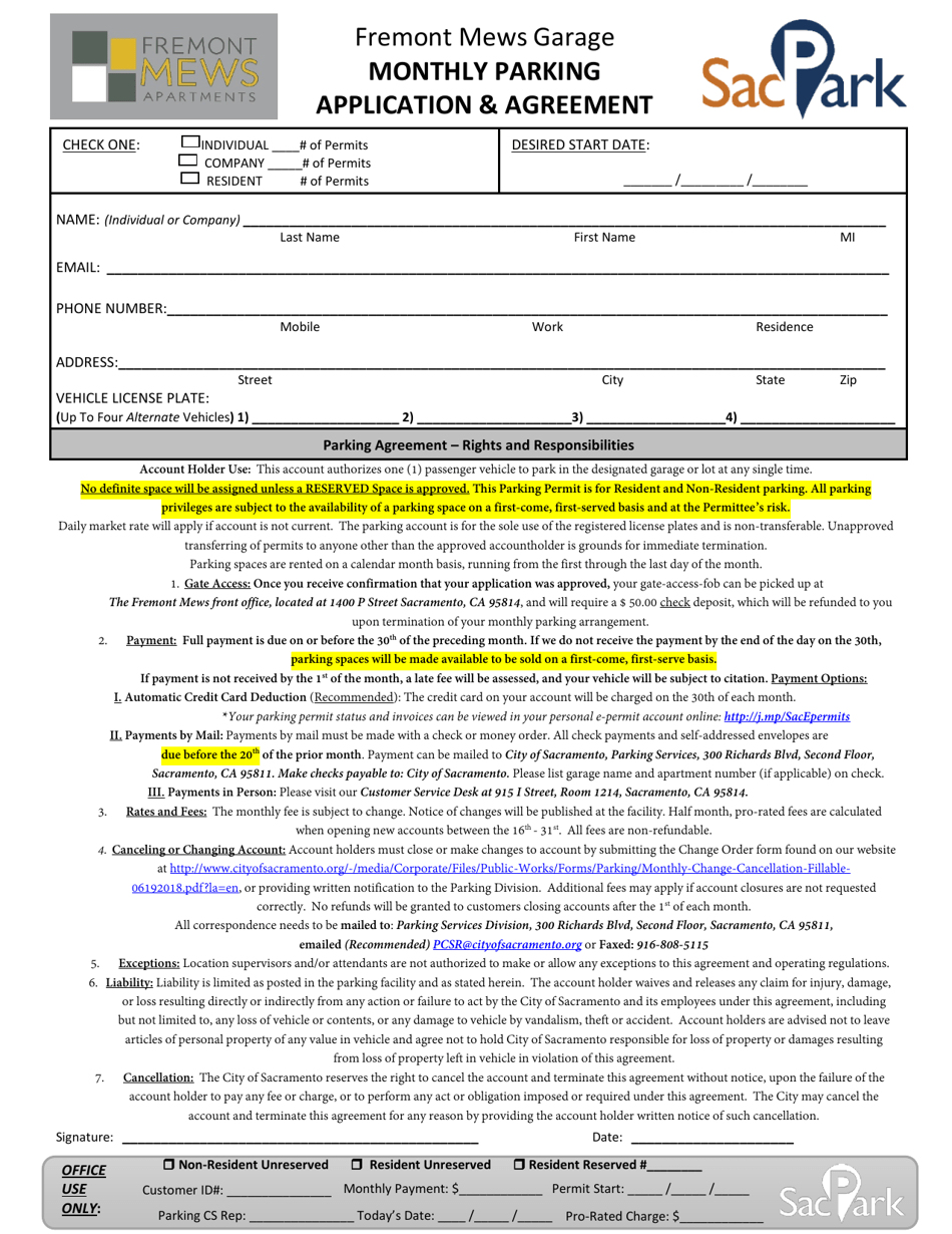 Fremont Mews Garage Monthly Parking Application  Agreement - City of Sacramento, California, Page 1