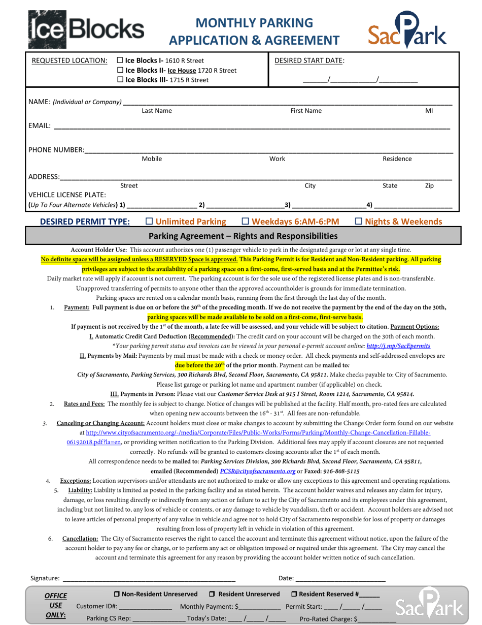 ICE Blocks Monthly Parking Application  Agreement - City of Sacramento, California, Page 1