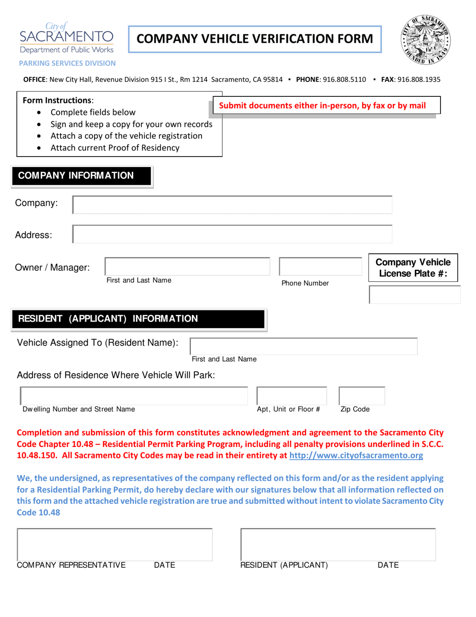Company Vehicle Verification Form - City of Sacramento, California, Page 1