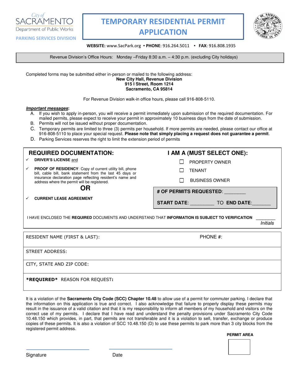 Temporary Residential Permit Application - City of Sacramento, California, Page 1