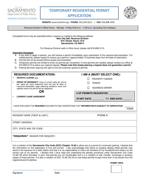 Temporary Residential Permit Application - City of Sacramento, California Download Pdf