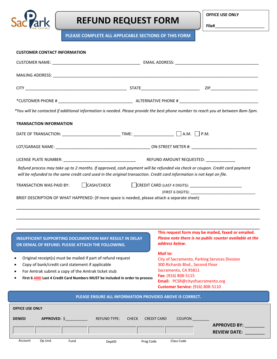 Refund Request Form - City of Sacramento, California, Page 1