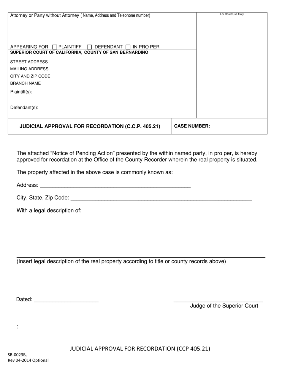 Form SB-0023B Judicial Approval for Recordation (C.c.p. 405.21) - County of San Bernardino, California, Page 1