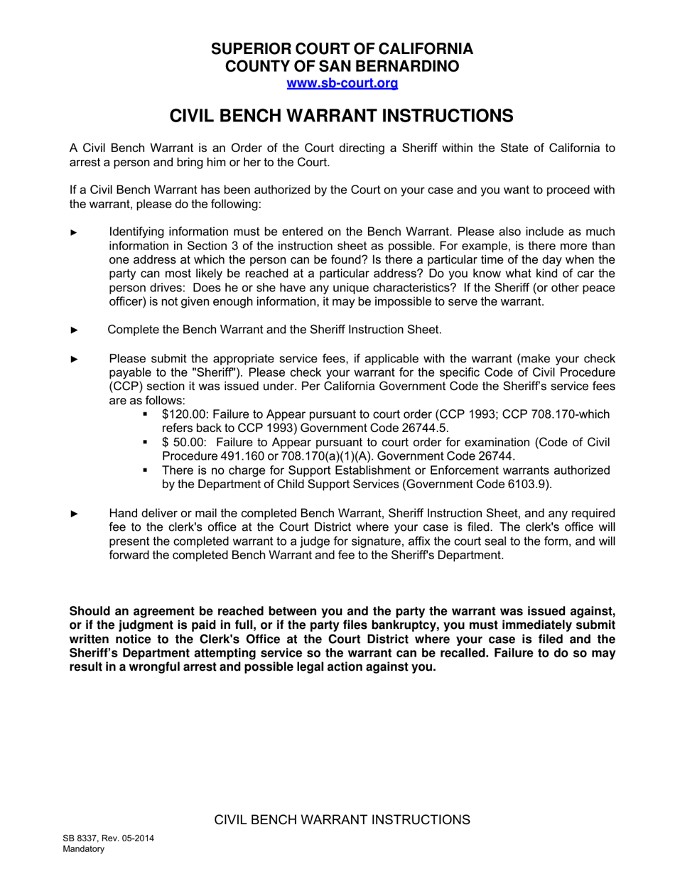 Form SB-8337 Civil Bench Warrant - County of San Bernardino, California, Page 1
