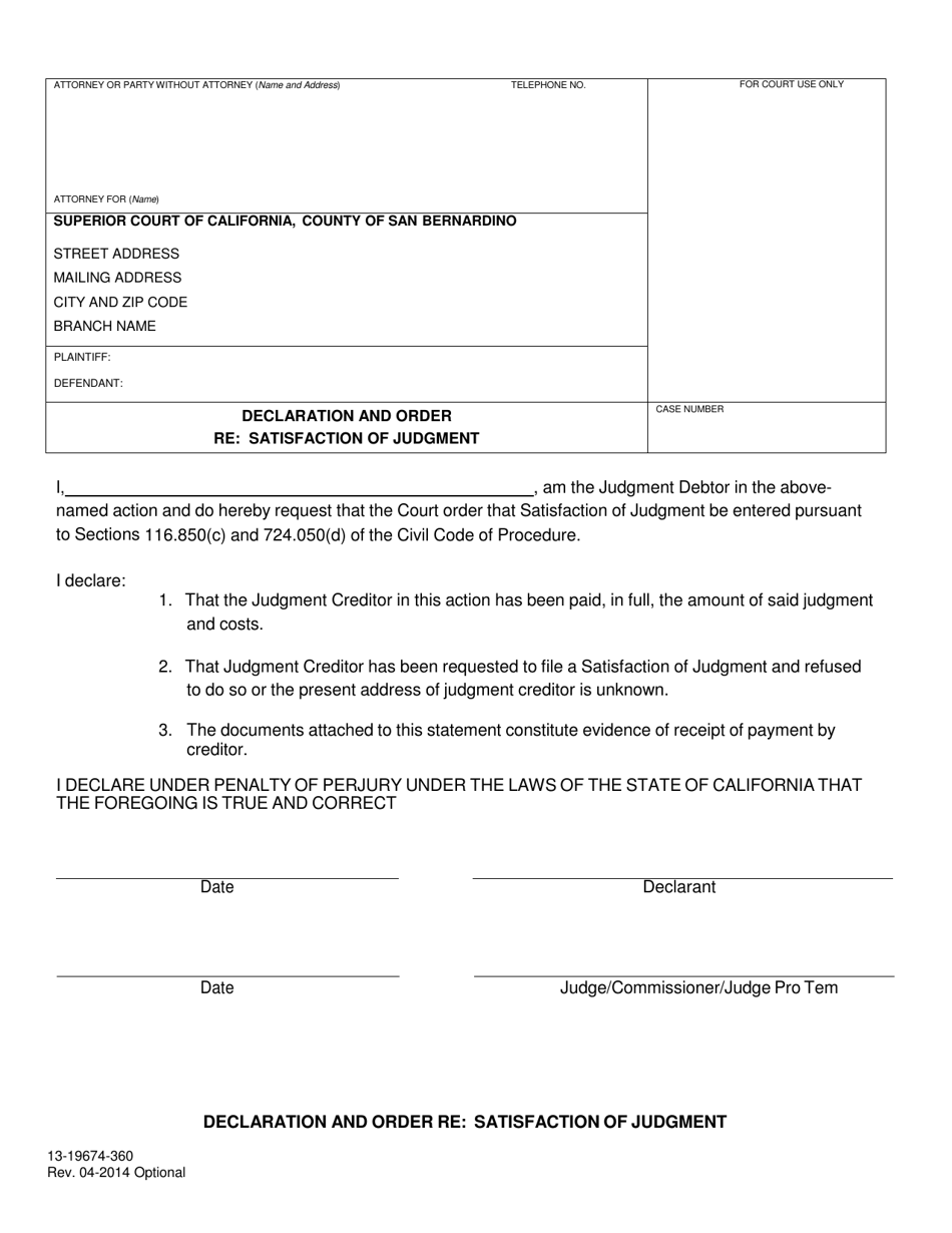 Form 13-19674-360 Declaration and Order Re: Satisfaction of Judgment - County of San Bernardino, California, Page 1