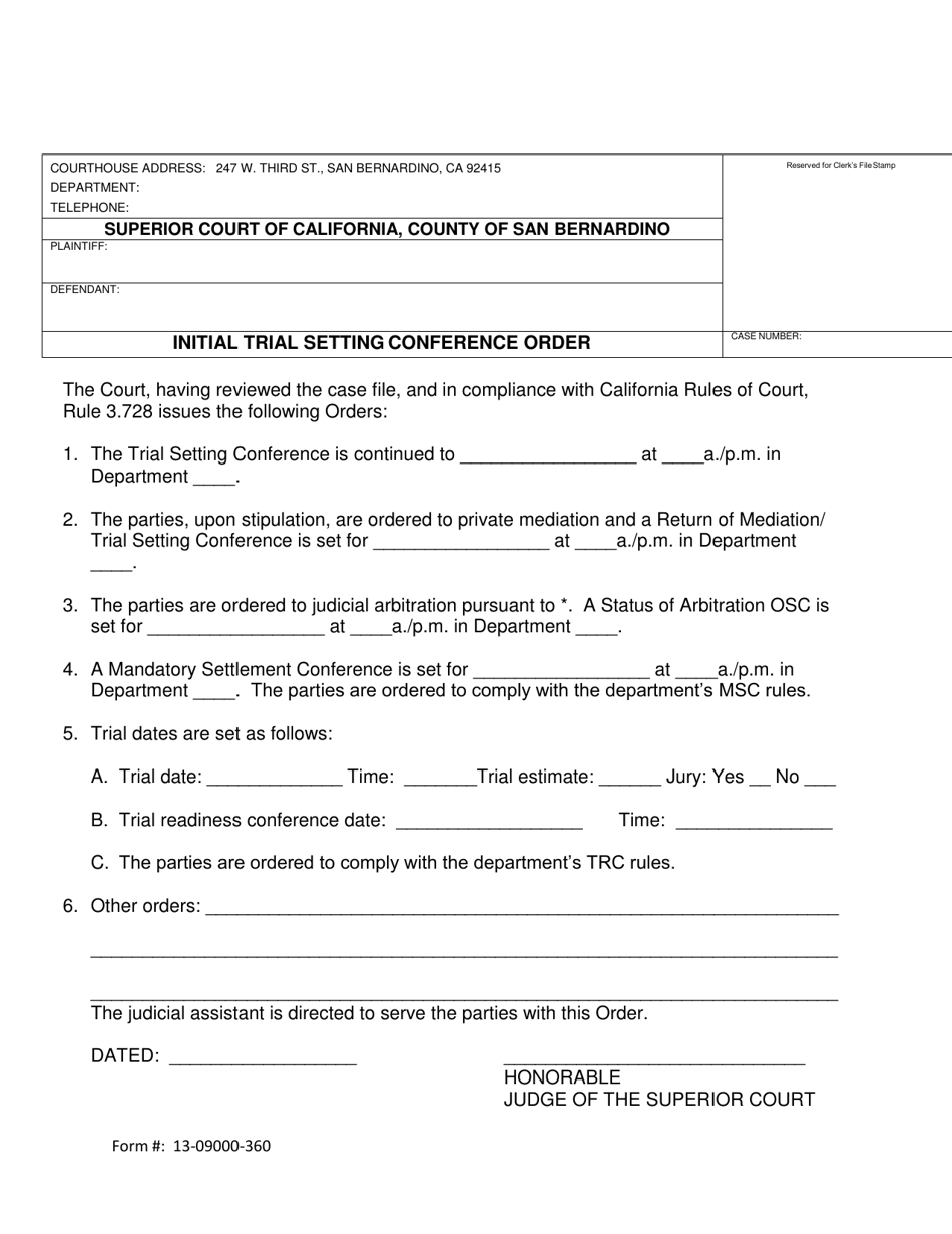 Form 13-09000-360 Initial Trial Setting Conference Order - County of San Bernardino, California, Page 1