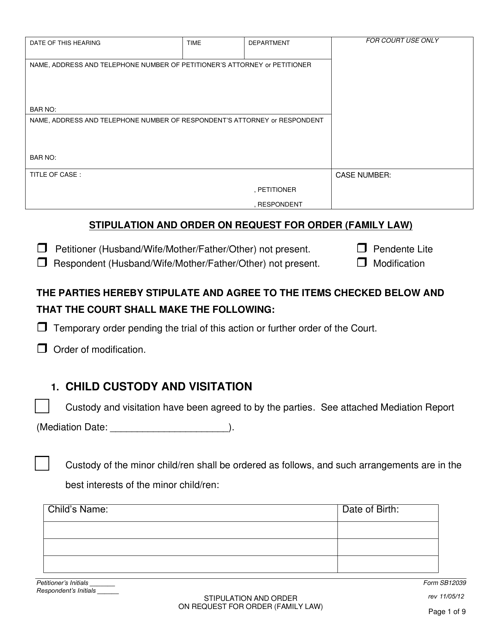 Form SB-12039 Stipulation and Order on Request for Order (Family Law) - County of San Bernardino, California