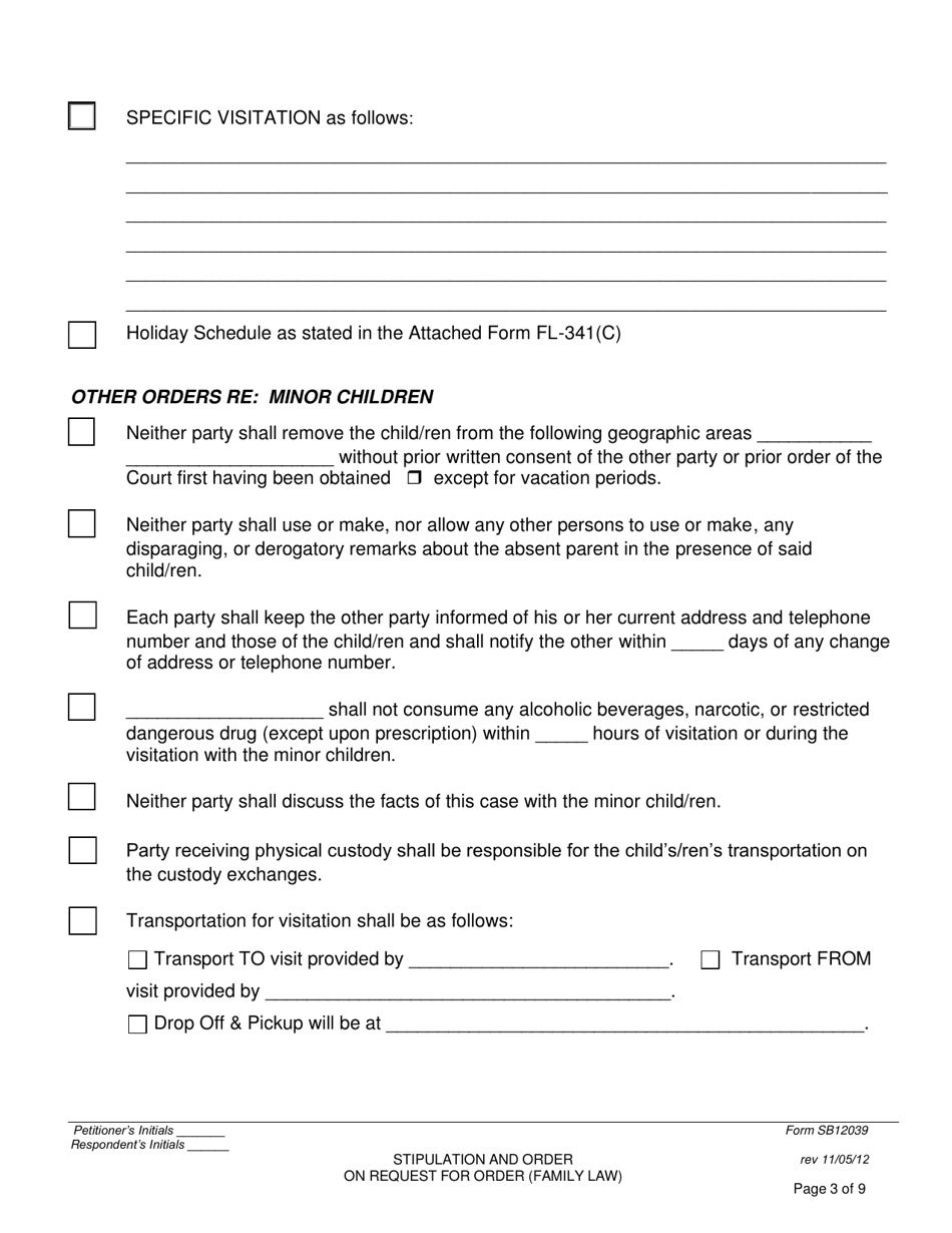 Form SB-12039 Stipulation and Order on Request for Order (Family Law) - County of San Bernardino, California, Page 3