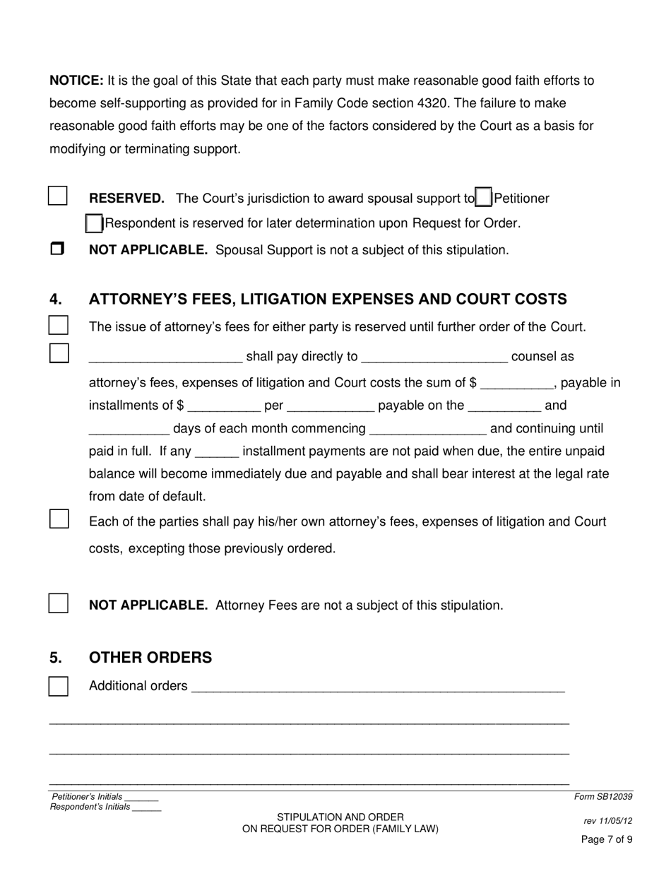 Form SB-12039 Stipulation and Order on Request for Order (Family Law) - County of San Bernardino, California, Page 7